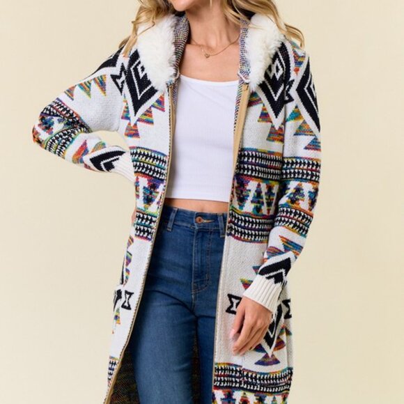 new ON BLUE CARDIGAN SWEATER fur hood western bohemian AZTEC YELLOWSTONE SM-LG - Picture 2 of 9